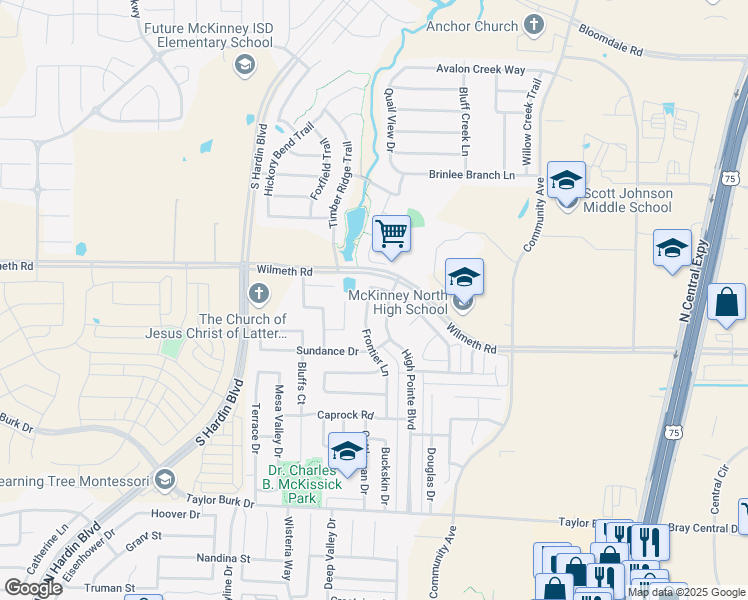 map of restaurants, bars, coffee shops, grocery stores, and more near 2940 Frontier Lane in McKinney