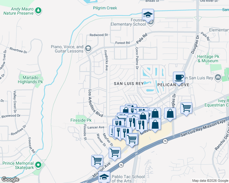 map of restaurants, bars, coffee shops, grocery stores, and more near San Gabriel Drive in Oceanside