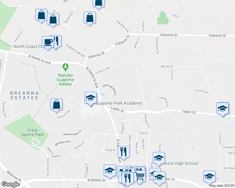 map of restaurants, bars, coffee shops, grocery stores, and more near 155 Paseo Marguerita in Vista