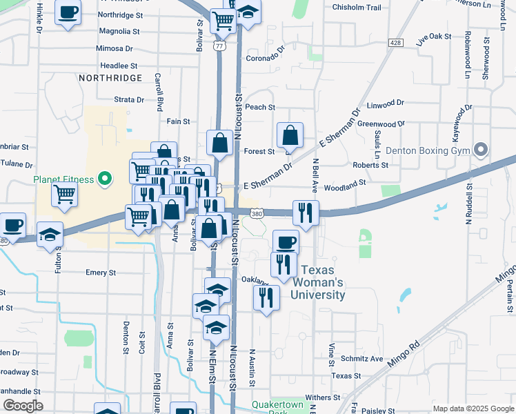 map of restaurants, bars, coffee shops, grocery stores, and more near 209 East University Drive in Denton