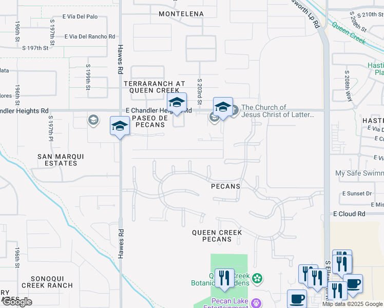 map of restaurants, bars, coffee shops, grocery stores, and more near 20255 East Pecan Lane in Queen Creek