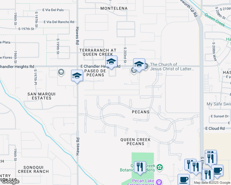 map of restaurants, bars, coffee shops, grocery stores, and more near 20255 East Pecan Lane in Queen Creek