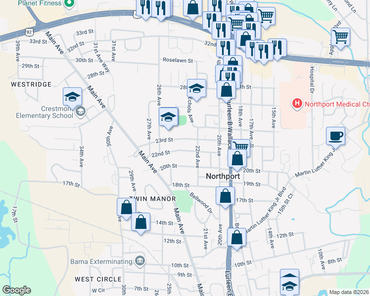 map of restaurants, bars, coffee shops, grocery stores, and more near 2302 22nd Street in Northport