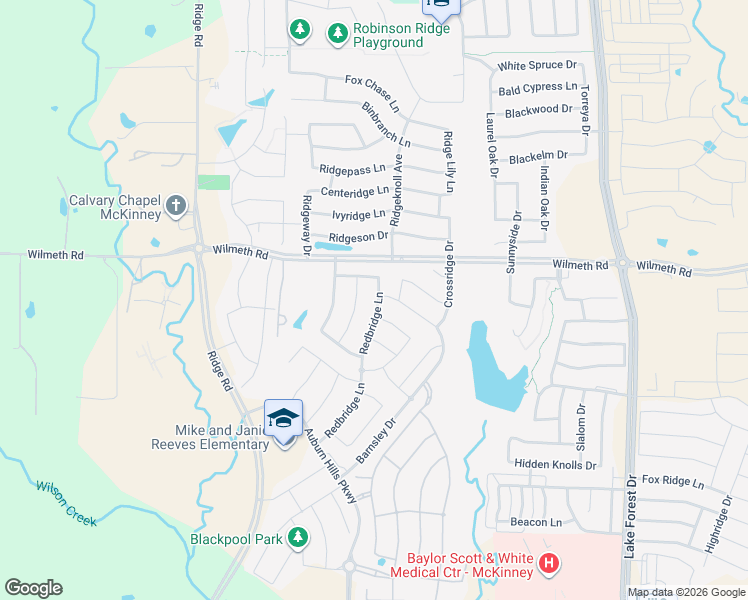 map of restaurants, bars, coffee shops, grocery stores, and more near 2817 Redbridge Lane in McKinney