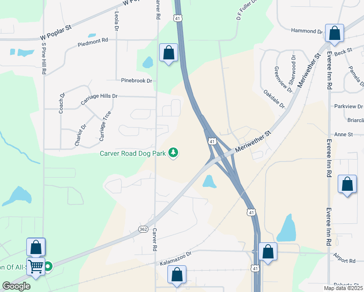map of restaurants, bars, coffee shops, grocery stores, and more near 600 Carver Road in Griffin