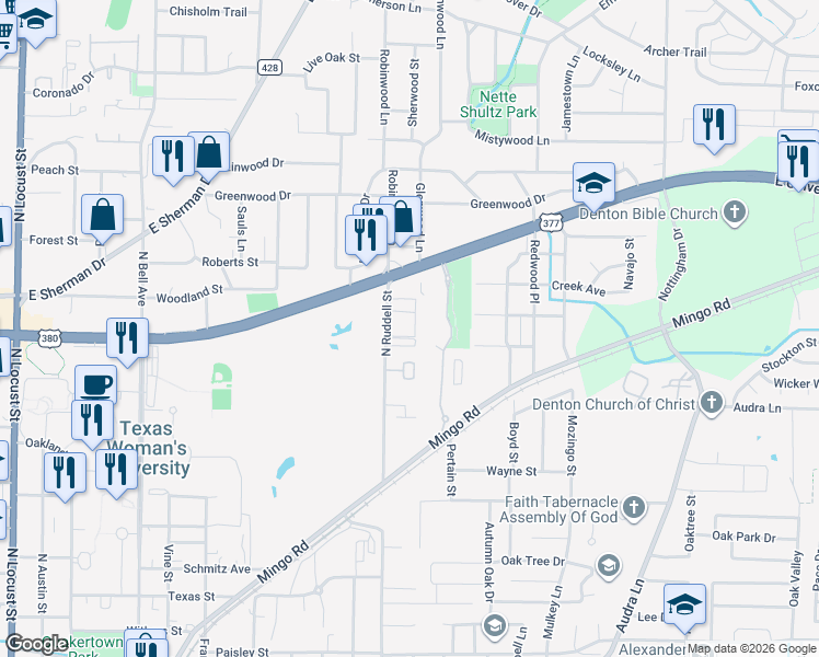 map of restaurants, bars, coffee shops, grocery stores, and more near 1824 North Ruddell Street in Denton