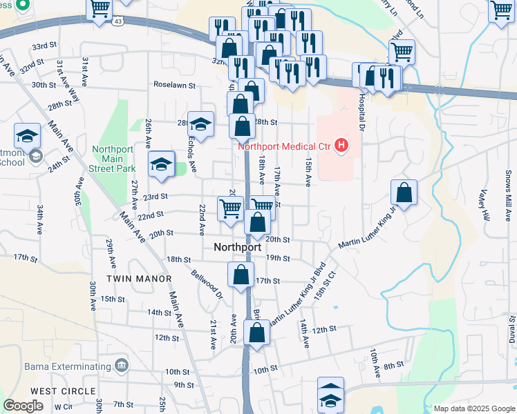 map of restaurants, bars, coffee shops, grocery stores, and more near 2114 18th Avenue in Northport