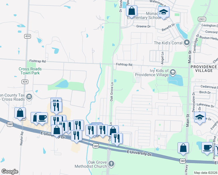 map of restaurants, bars, coffee shops, grocery stores, and more near 1845 Alamandine Avenue in Aubrey