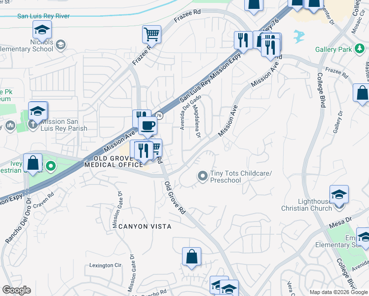 map of restaurants, bars, coffee shops, grocery stores, and more near 4426 Avenida Del Gado in Oceanside