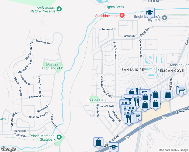 map of restaurants, bars, coffee shops, grocery stores, and more near 3433 Orchard Way in Oceanside