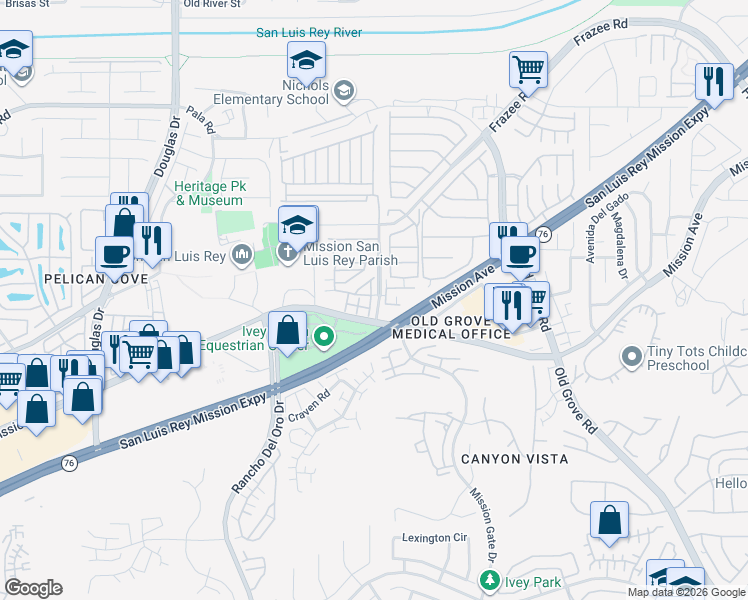 map of restaurants, bars, coffee shops, grocery stores, and more near 4140 Calle Arbol in Oceanside