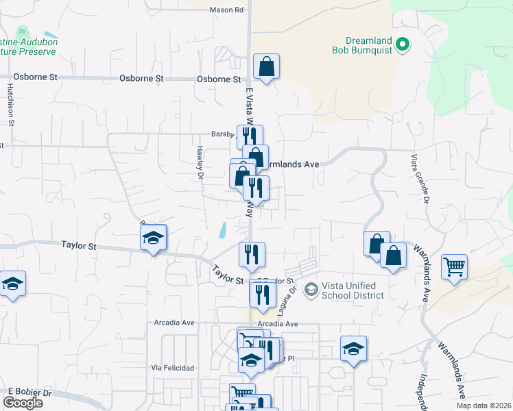 map of restaurants, bars, coffee shops, grocery stores, and more near 2025 East Vista Way in Vista
