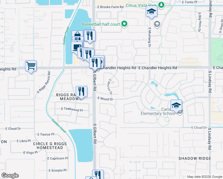 map of restaurants, bars, coffee shops, grocery stores, and more near 3080 East Mahogany Place in Chandler
