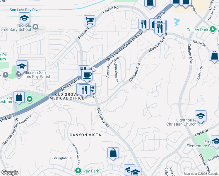 map of restaurants, bars, coffee shops, grocery stores, and more near 4426 Avenida Del Gado in Oceanside