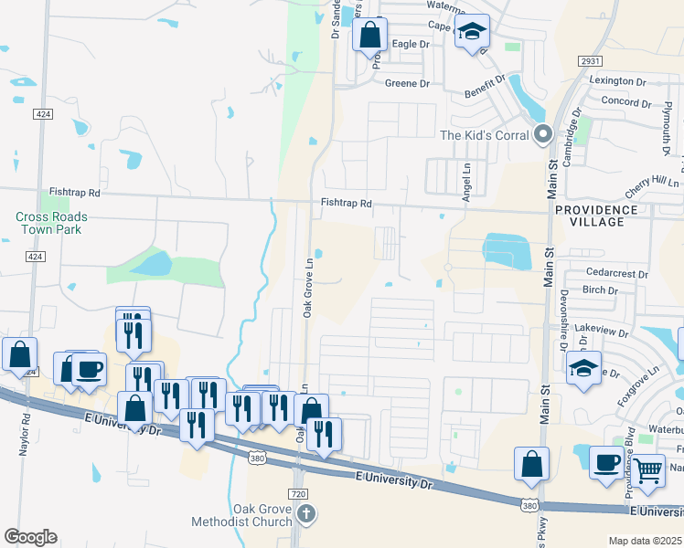 map of restaurants, bars, coffee shops, grocery stores, and more near 2072-2206 Oak Grove Lane in Aubrey