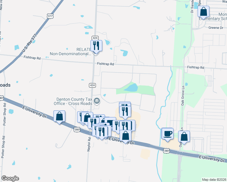 map of restaurants, bars, coffee shops, grocery stores, and more near 212 Lake Way in Aubrey