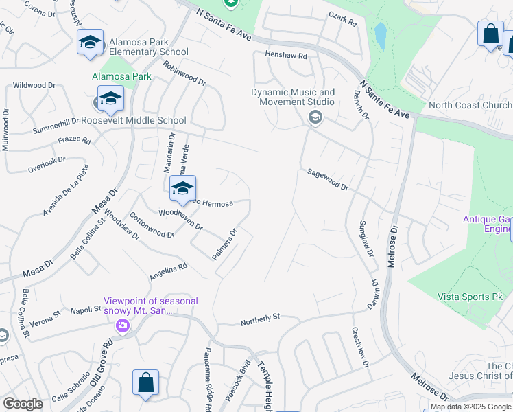 map of restaurants, bars, coffee shops, grocery stores, and more near 5145 Palmera Drive in Oceanside