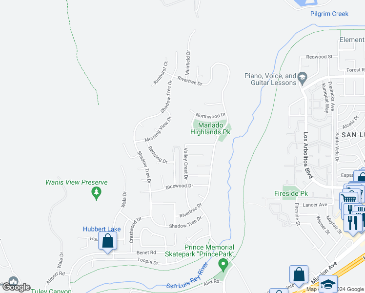 map of restaurants, bars, coffee shops, grocery stores, and more near 799 Valley Crest Drive in Oceanside