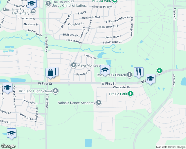 map of restaurants, bars, coffee shops, grocery stores, and more near 1324 Hudson Lane in Prosper