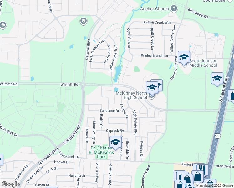 map of restaurants, bars, coffee shops, grocery stores, and more near 2836 Cliffview Drive in McKinney