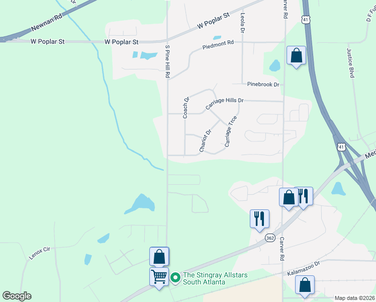 map of restaurants, bars, coffee shops, grocery stores, and more near 121 Chariot Drive in Griffin