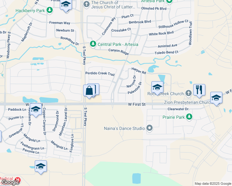 map of restaurants, bars, coffee shops, grocery stores, and more near 1325 Jennings Court in Prosper