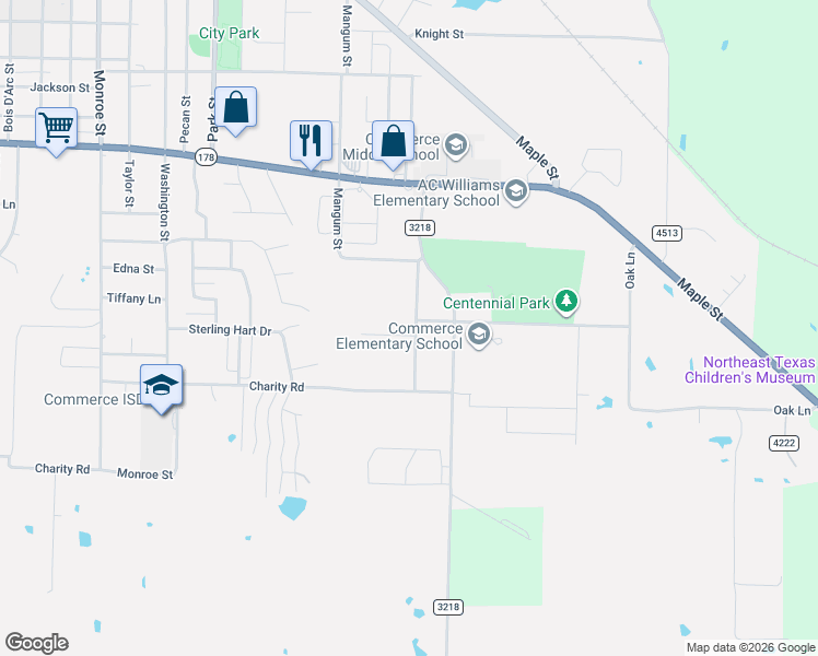 map of restaurants, bars, coffee shops, grocery stores, and more near 2000 Creekview Drive in Commerce