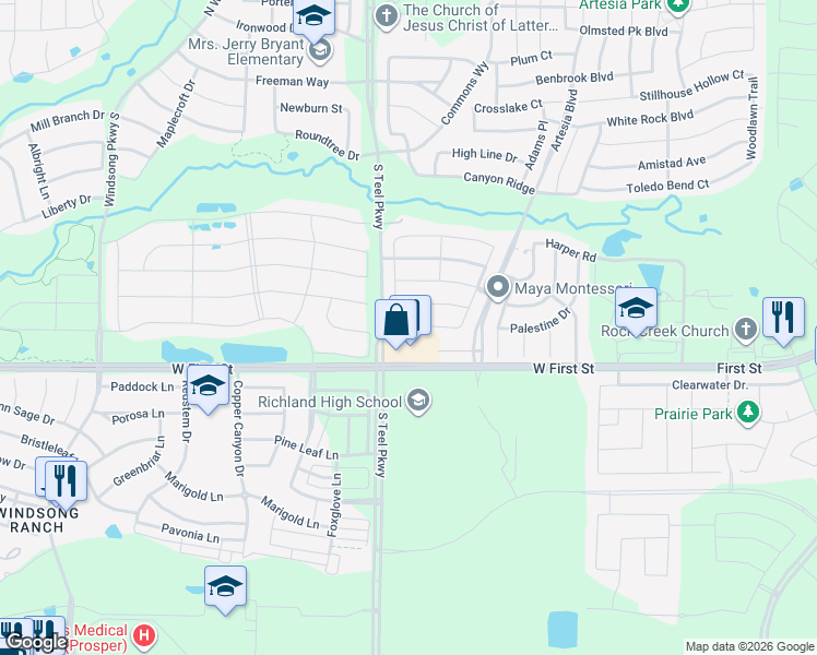 map of restaurants, bars, coffee shops, grocery stores, and more near 15908 Aquilla Way in Prosper