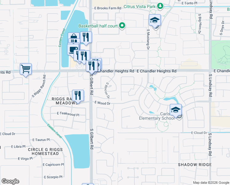 map of restaurants, bars, coffee shops, grocery stores, and more near 3231 East Beechnut Place in Chandler