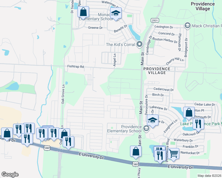 map of restaurants, bars, coffee shops, grocery stores, and more near 9200 Harborview Drive in Providence Village