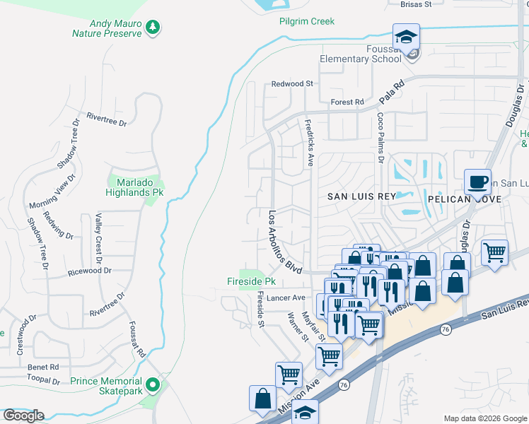 map of restaurants, bars, coffee shops, grocery stores, and more near 3451 Orchard Way in Oceanside