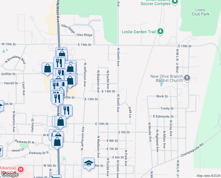 map of restaurants, bars, coffee shops, grocery stores, and more near 2001 North Euclid Avenue in El Dorado