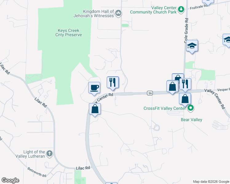 map of restaurants, bars, coffee shops, grocery stores, and more near 28758 Valley Center Road in Valley Center