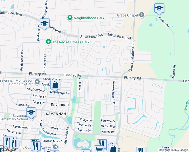 map of restaurants, bars, coffee shops, grocery stores, and more near 14864 Fishtrap Road in Aubrey
