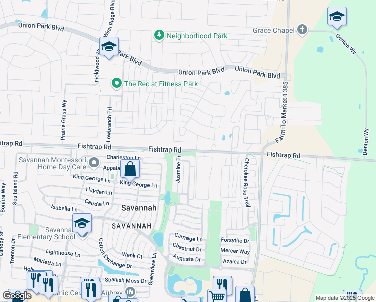 map of restaurants, bars, coffee shops, grocery stores, and more near 1425 Macon Drive in Denton County