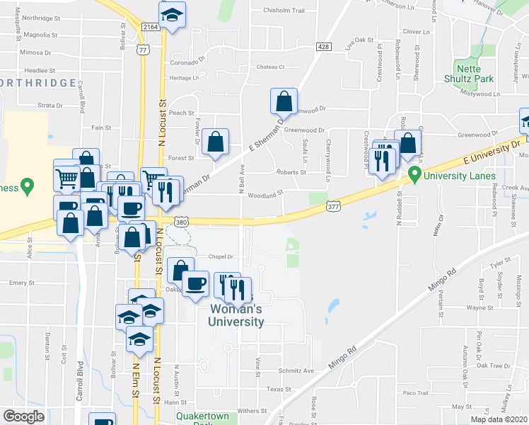map of restaurants, bars, coffee shops, grocery stores, and more near 1804 North Bell Avenue in Denton