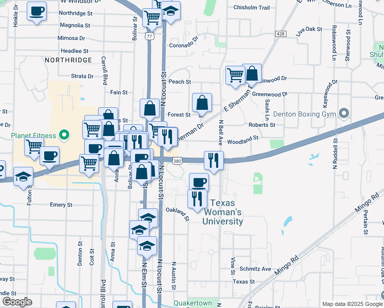 map of restaurants, bars, coffee shops, grocery stores, and more near 225 East University Drive in Denton