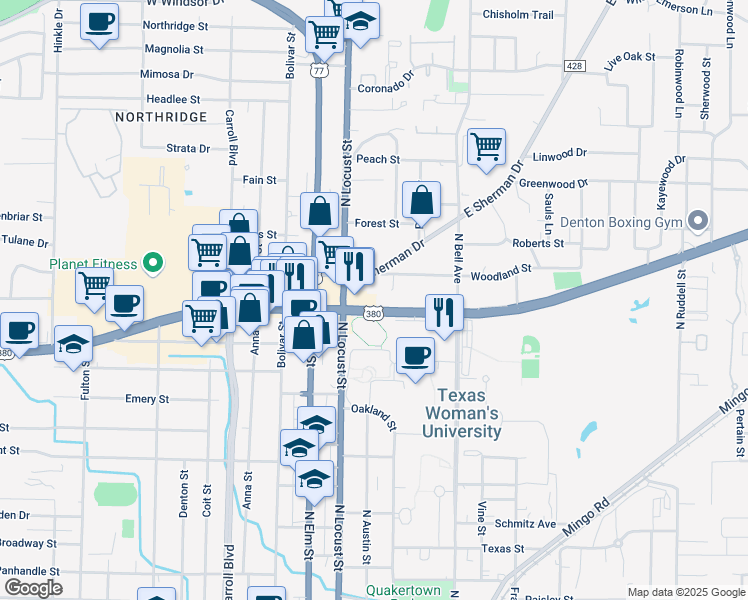 map of restaurants, bars, coffee shops, grocery stores, and more near 209 East University Drive in Denton