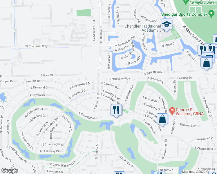 map of restaurants, bars, coffee shops, grocery stores, and more near 23808 South Harmony Way in Sun Lakes