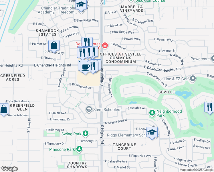 map of restaurants, bars, coffee shops, grocery stores, and more near 3225 East Ridgewood Lane in Gilbert