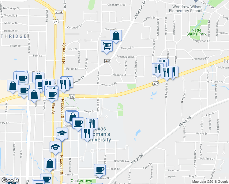 map of restaurants, bars, coffee shops, grocery stores, and more near 1807 Frame Street in Denton