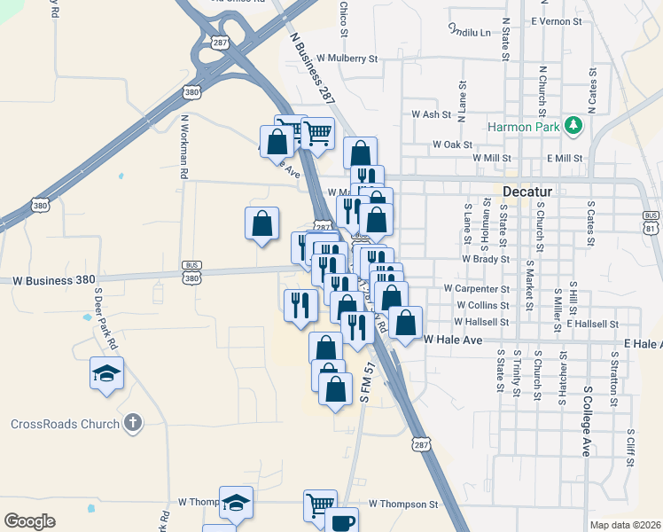 map of restaurants, bars, coffee shops, grocery stores, and more near 809 West Business 380 in Decatur