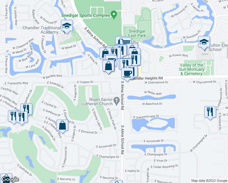 map of restaurants, bars, coffee shops, grocery stores, and more near 10340 East Cherrywood Court in Chandler