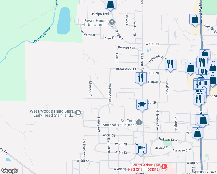 map of restaurants, bars, coffee shops, grocery stores, and more near 1219 Crestwood Drive in El Dorado