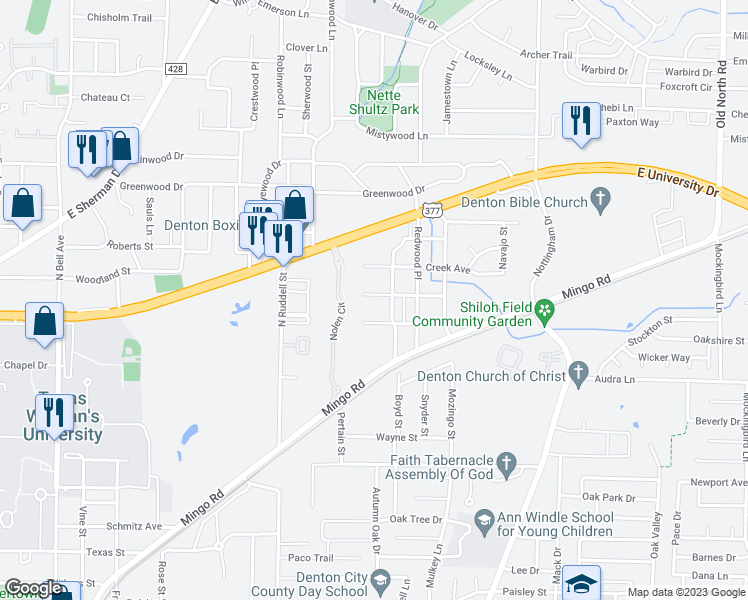 map of restaurants, bars, coffee shops, grocery stores, and more near 1510 Choctaw Avenue in Denton