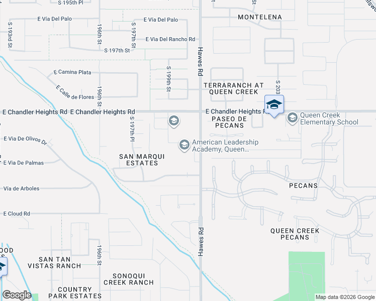 map of restaurants, bars, coffee shops, grocery stores, and more near 23908 Hawes Road in Queen Creek