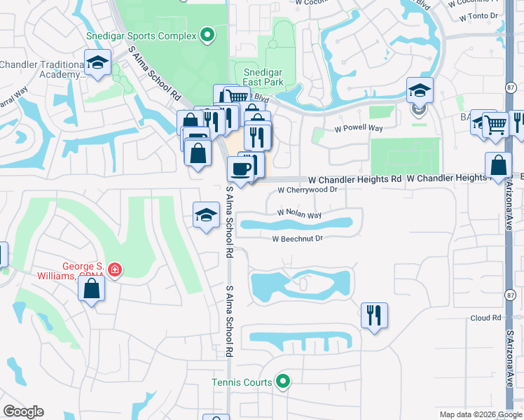 map of restaurants, bars, coffee shops, grocery stores, and more near 933 West Nolan Way in Chandler