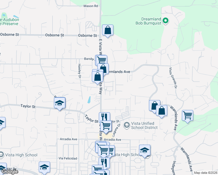map of restaurants, bars, coffee shops, grocery stores, and more near 1140 Cherry Tree Lane in Vista