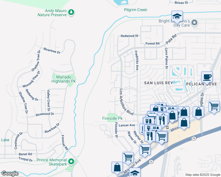 map of restaurants, bars, coffee shops, grocery stores, and more near 3433 Orchard Way in Oceanside