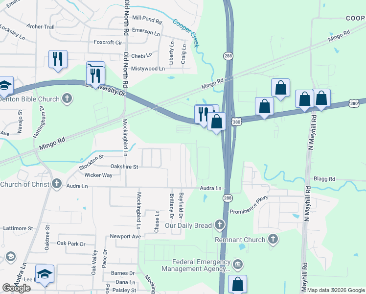 map of restaurants, bars, coffee shops, grocery stores, and more near 1404/14 Bayfield Drive in Denton